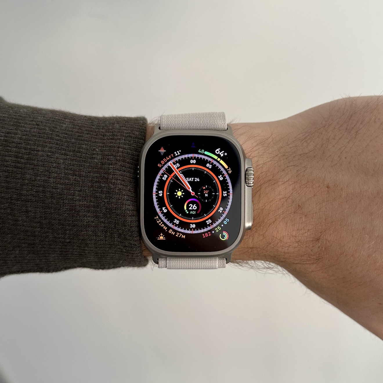 Apple Watch Ultra (2022) on a would-be wrist model.