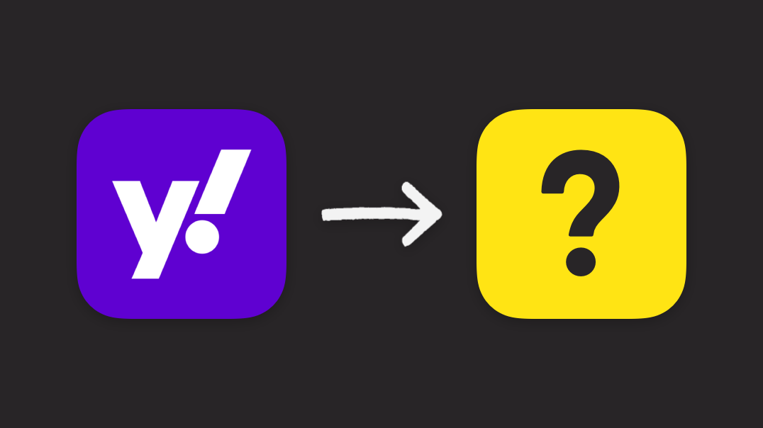 a Yahoo purple app icon shape with the iconic lowercase 'y!' logo in it, with a hand drawn arrow pointing to another app icon shaped yellow square with a question mark on it.