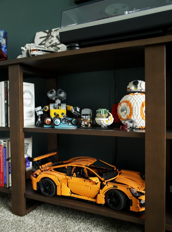 A photograph of some of the legos on my bookshelves
